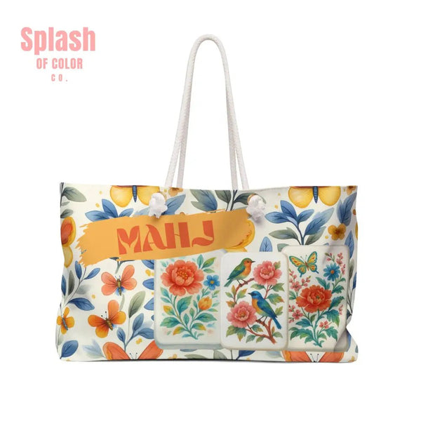 Mahjong Tile Tote Watercolor Butterflies Floral Bird Tiles Mahjong Game MAHJ Night Carry All Bag - 24’’ × 13’’ - Bags