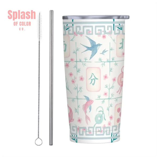 Mahjong Tile Tumbler Pastel Blue Pink Stainless Steel Insulated Tumblers with Lid & Straw One Size Drinkware