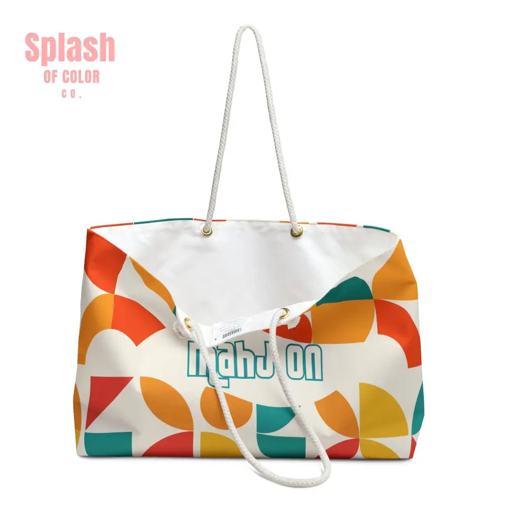 Mahjong Tote Bag Colorful Geometric, Orange, Teal, Yellow, Mahj On Weekender Bag, Bohemian Travel Tote - Splash of Color co.