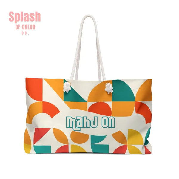 Mahjong Tote Bag Colorful Geometric, Orange, Teal, Yellow, Mahj On Weekender Bag, Bohemian Travel Tote - Splash of Color co.