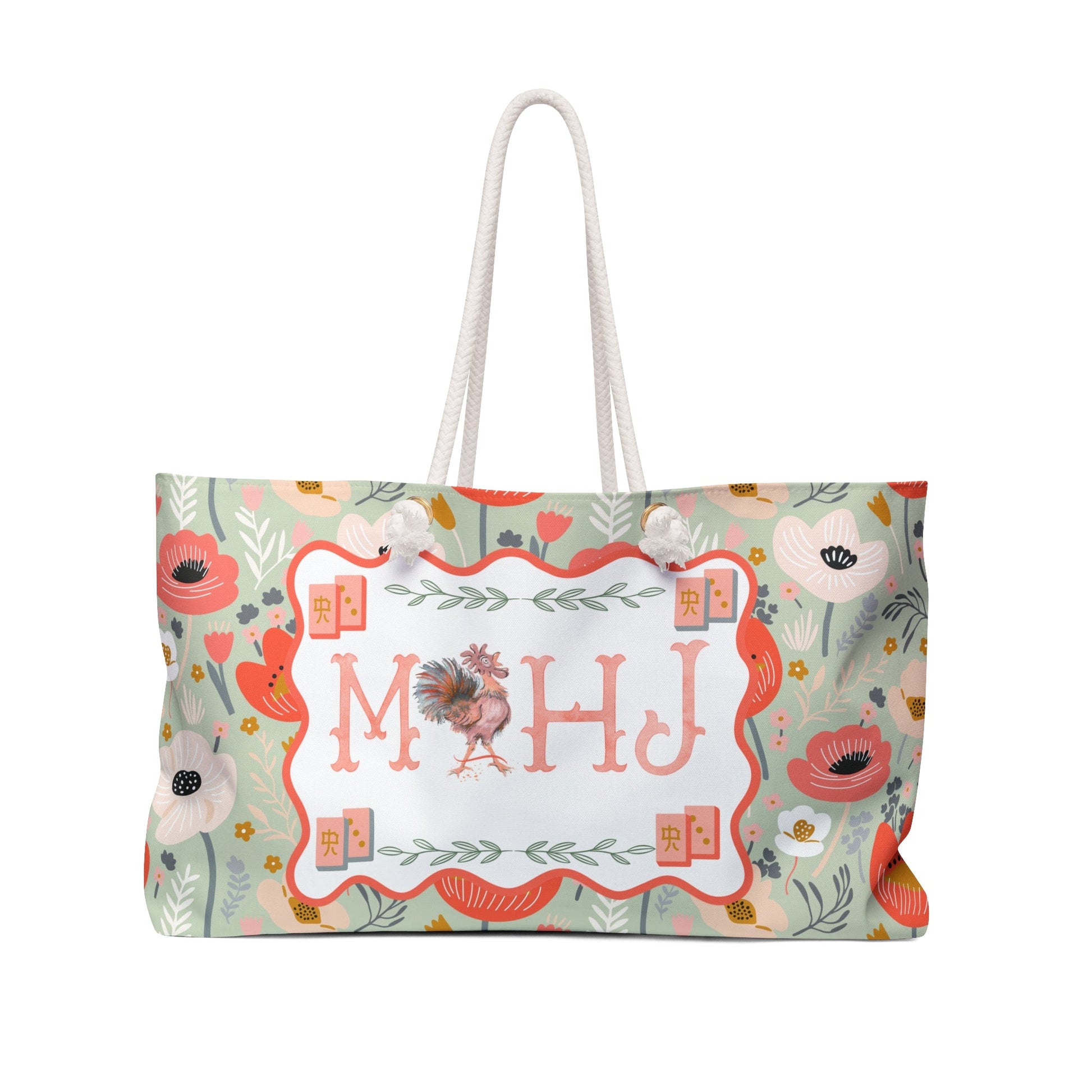 Mahjong Tote Bag Preppy Floral Watercolor Rooster Mahj Lover Mahjong Mom Gift - 24’’ × 13’’ - Bags