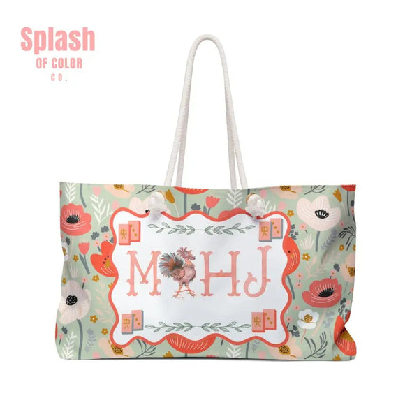 Mahjong Tote Bag Preppy Floral Watercolor Rooster Mahj Lover Mahjong Mom Gift - 24’’ × 13’’ - Bags