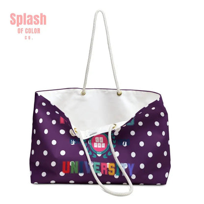 Mahjong Tote Bag Purple Polka Dot Mahjong University Weekender Bag, Stylish Travel Tote, Perfect for Gamers - Splash of Color co.