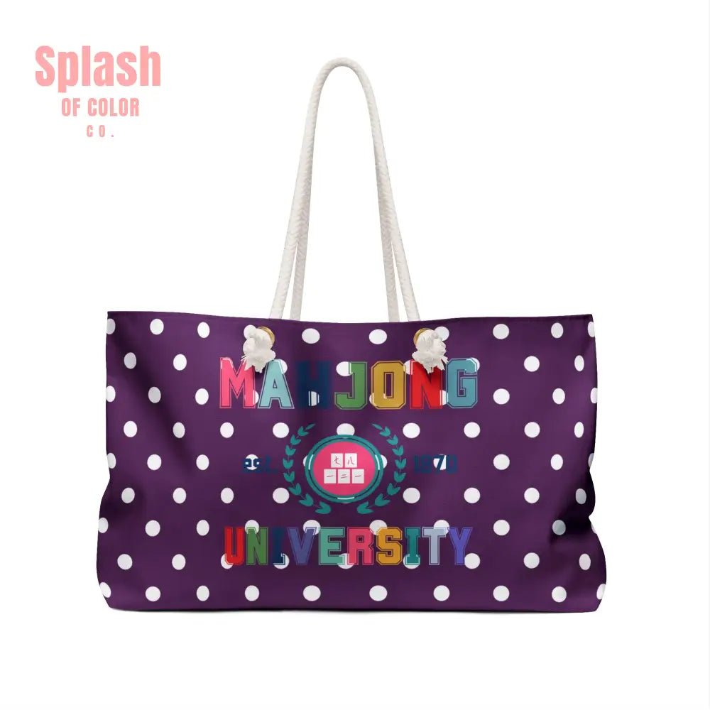 Mahjong Tote Bag Purple Polka Dot Mahjong University Weekender Bag, Stylish Travel Tote, Perfect for Gamers - Splash of Color co.