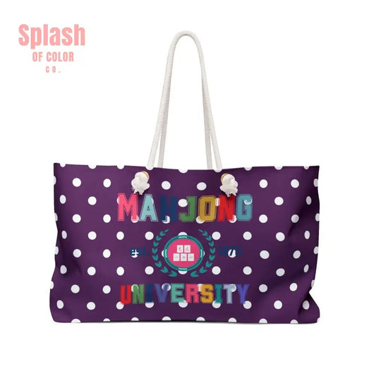 Mahjong Tote Bag Purple Polka Dot Mahjong University Weekender Bag, Stylish Travel Tote, Perfect for Gamers - Splash of Color co.