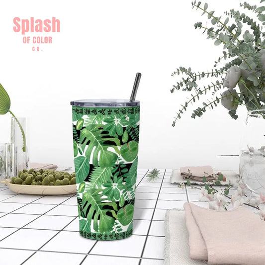 Mahjong Tropical Monstera Green Black Stainless Steel Insulated Tumblers with Lid & Straw One Size Drinkware