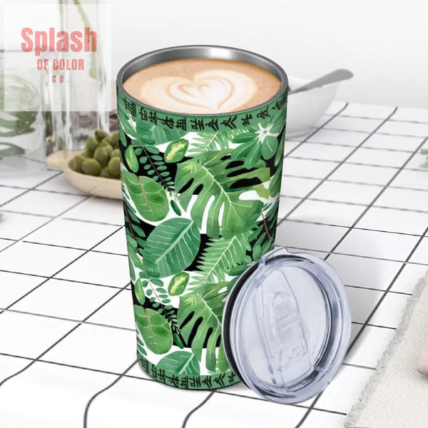 Mahjong Tropical Monstera Green Black Stainless Steel Insulated Tumblers with Lid & Straw - Splash of Color co.