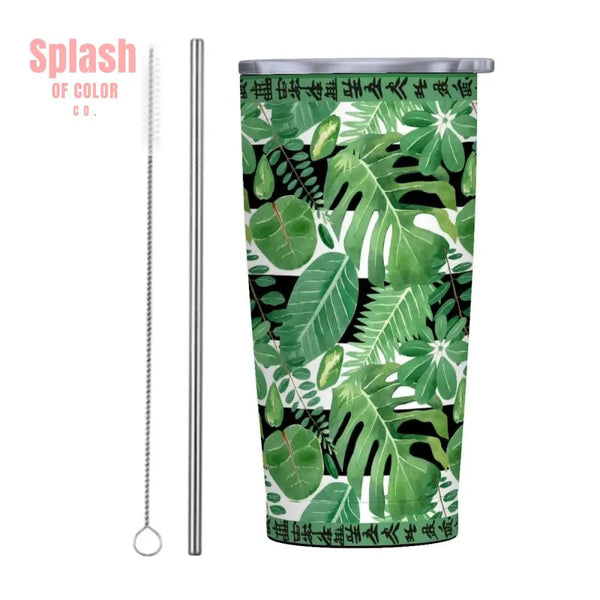 Mahjong Tropical Monstera Green Black Stainless Steel Insulated Tumblers with Lid & Straw - Splash of Color co.