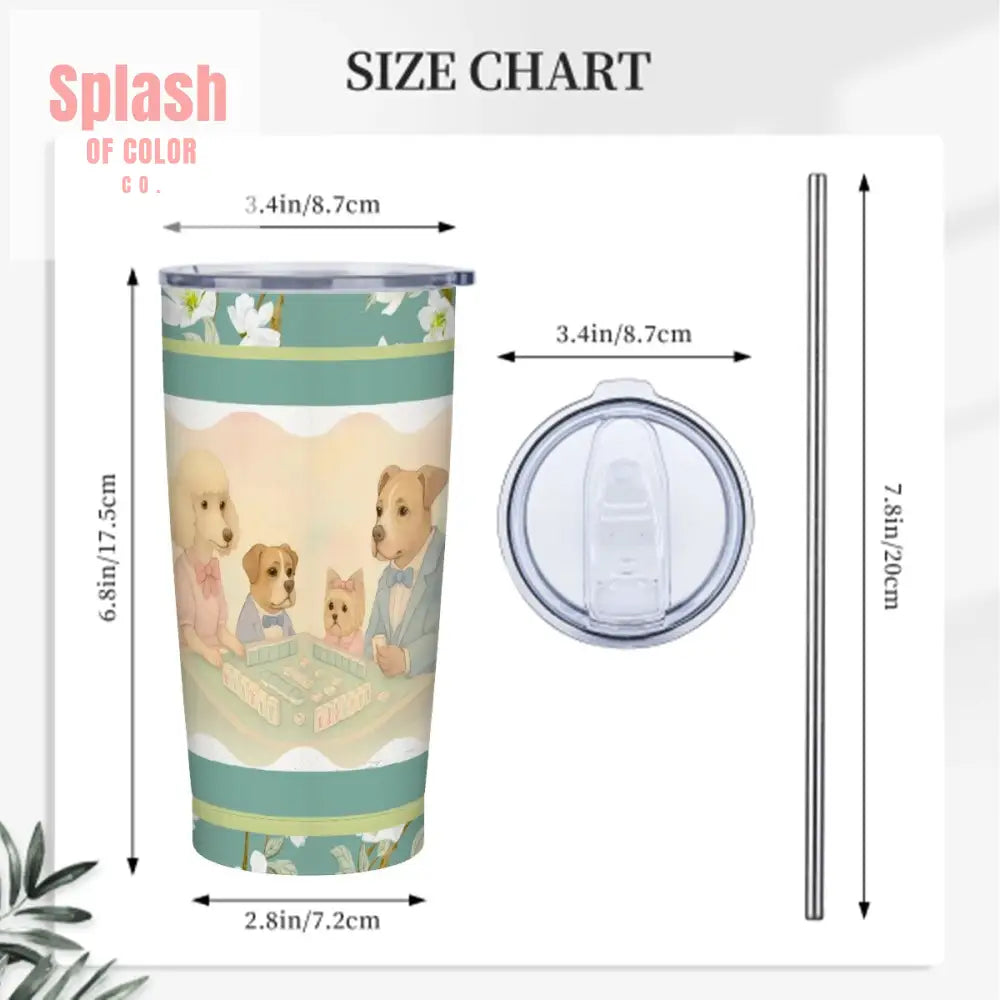 Mahjong Tumbler Dogs Playing Mahj Quirky Cute Stainless Steel Insulated Tumblers with Lid & Straw One Size Drinkware