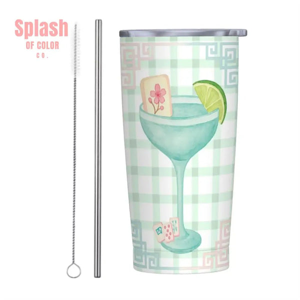 Mahjong Tumbler Gift Green Pink Gingham Preppy Stainless Steel Insulated Tumblers with Lid & Straw One Size Drinkware