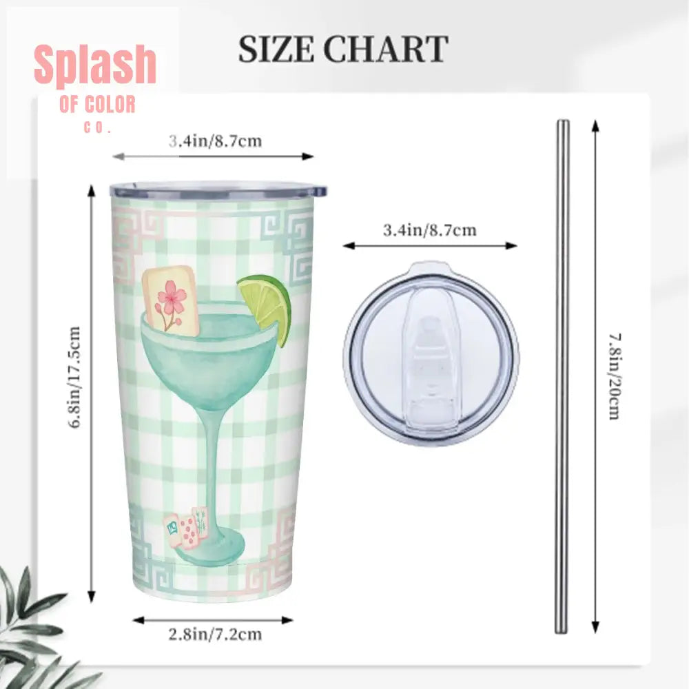Mahjong Tumbler Gift Green Pink Gingham Preppy Stainless Steel Insulated Tumblers with Lid & Straw One Size Drinkware