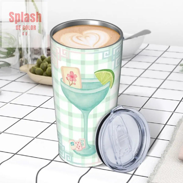 Mahjong Tumbler Gift Green Pink Gingham Preppy Stainless Steel Insulated Tumblers with Lid & Straw One Size Drinkware