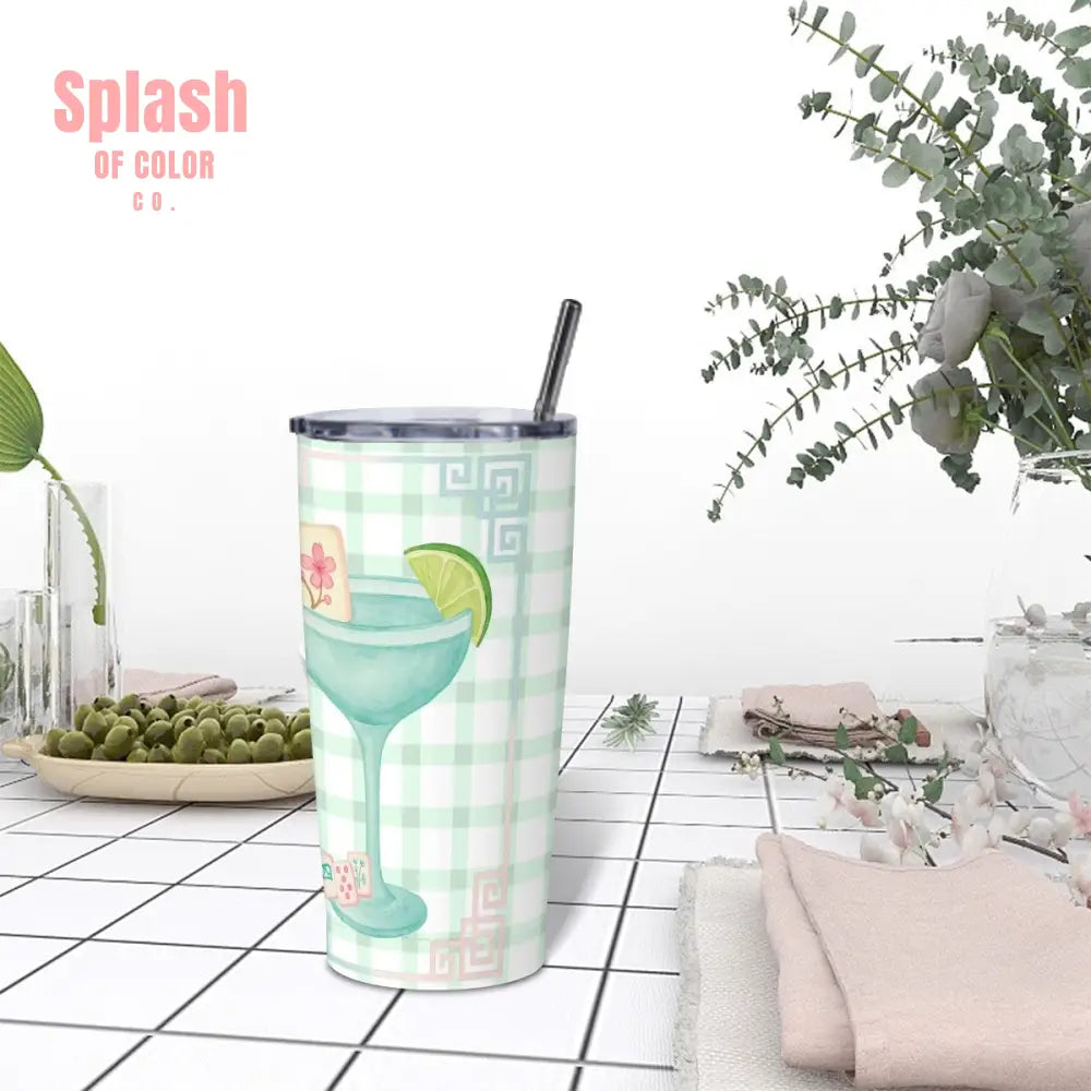 Mahjong Tumbler Gift Green Pink Gingham Preppy Stainless Steel Insulated Tumblers with Lid & Straw One Size Drinkware