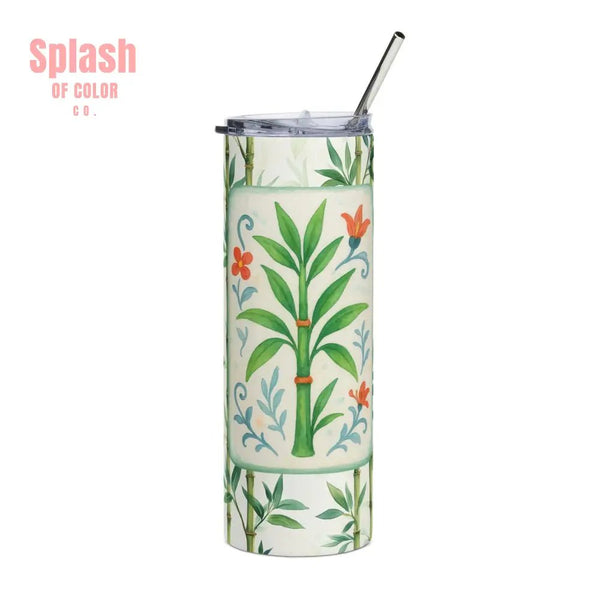 Mahjong Tumbler Gift Watercolor Bamboo Design Mahj Lover Botanical Stainless Steel Tumbler Travel Mug Summer Vibe Beach