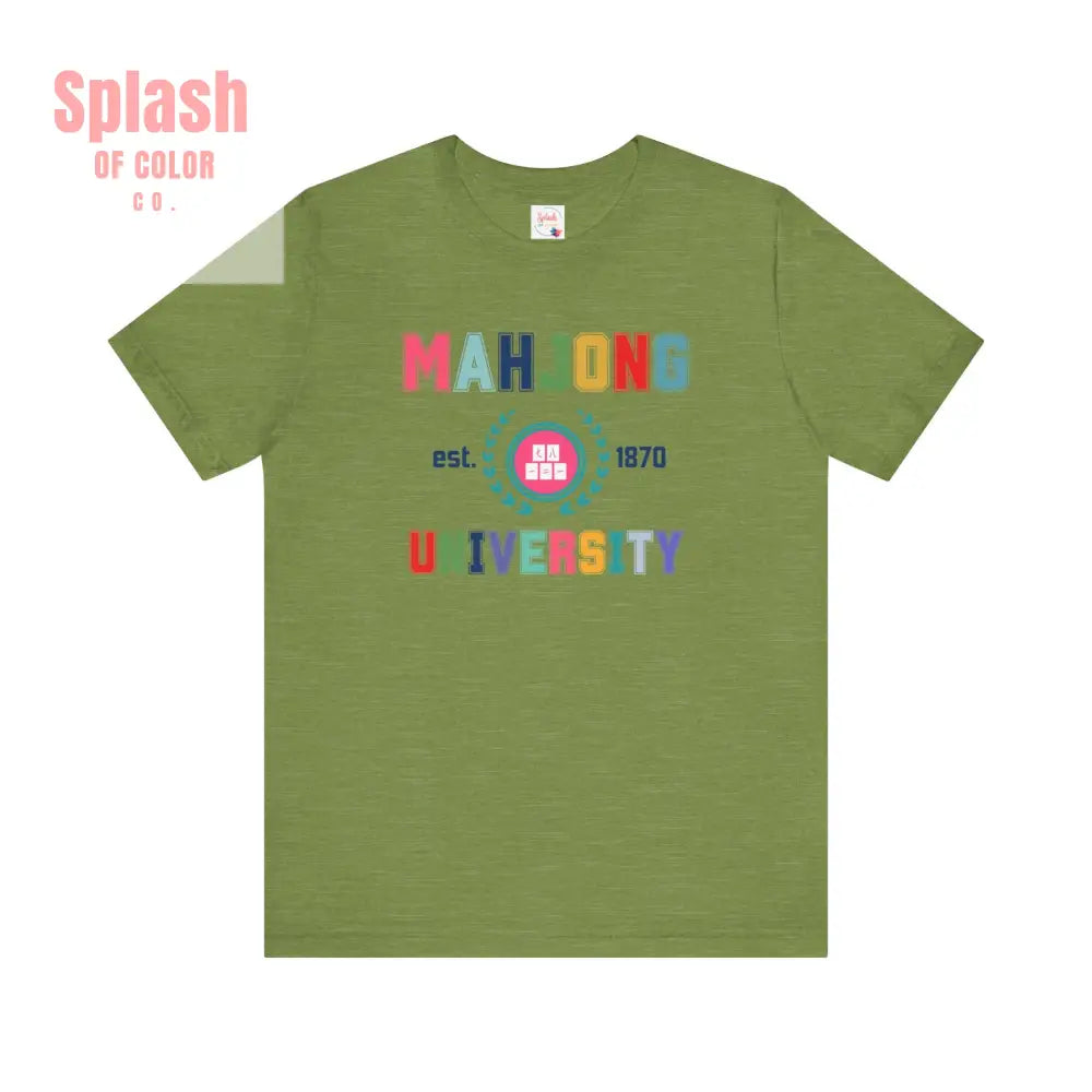 Mahjong University Unisex Tee Fun Graphic T Shirt Perfect for Casual Wear Game Nights Heather Green / S T Shirt