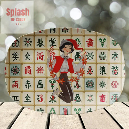 Mahjong Vintage Tile Platter Whimsical Mahj Gal Hostess Party Serving Platter Kitchenware