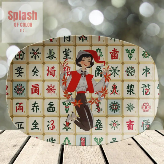 Mahjong Vintage Tile Platter Whimsical Mahj Gal Hostess Party Serving Platter Kitchenware