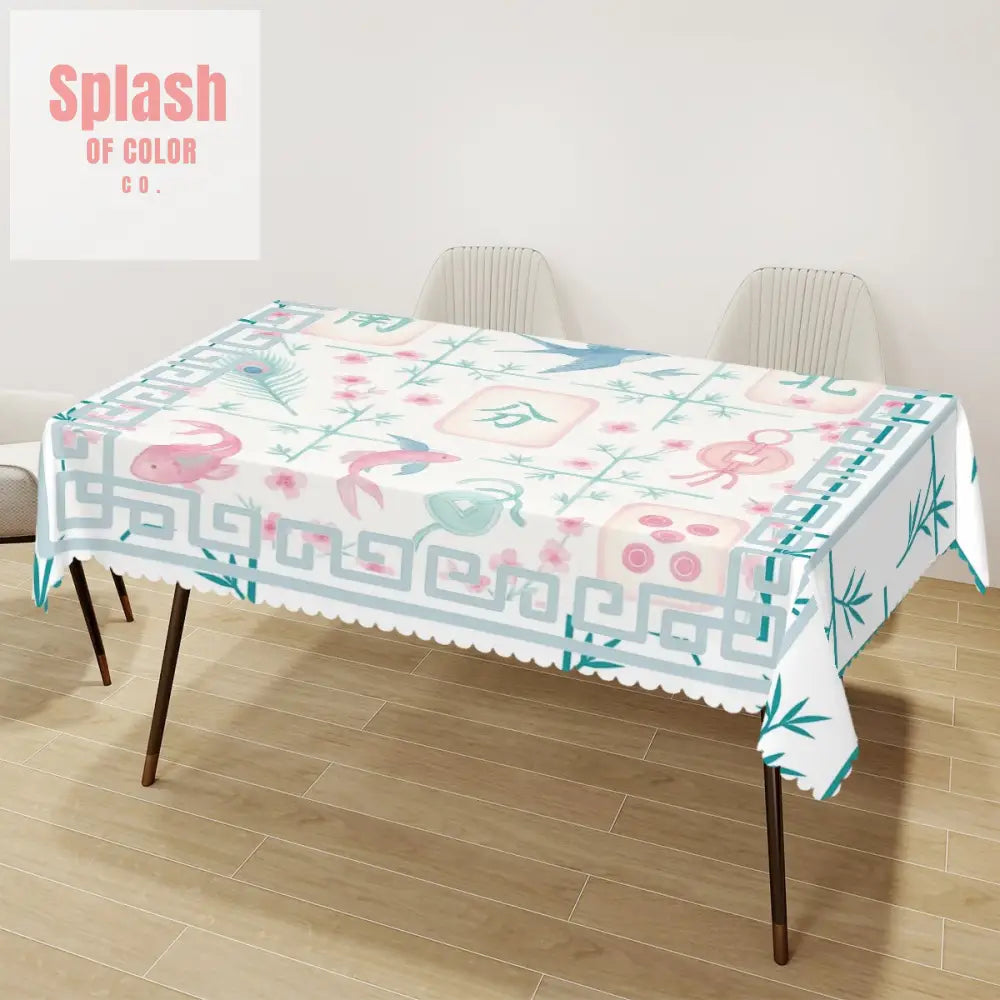 Mahjong Watercolor Tile Mahj Hosting Rectangular Table Cloth with Wavy Edge 72’’x54’’ Home Accessories