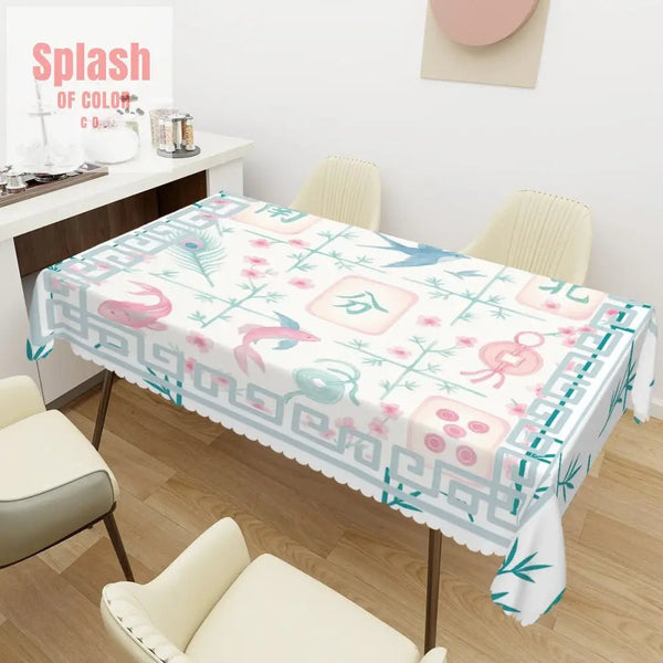 Mahjong Watercolor Tile Mahj Hosting Rectangular Table Cloth with Wavy Edge 72’’x54’’ Home Accessories