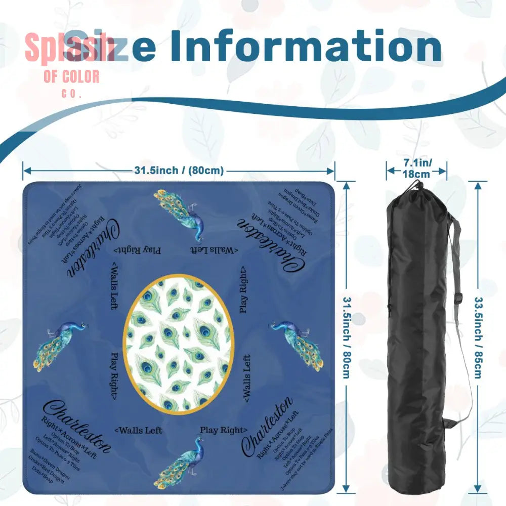 Marble Blue Mahjong Mat Elegant Peacock Floral Instructional Mahj Game Mat Daily Accessories