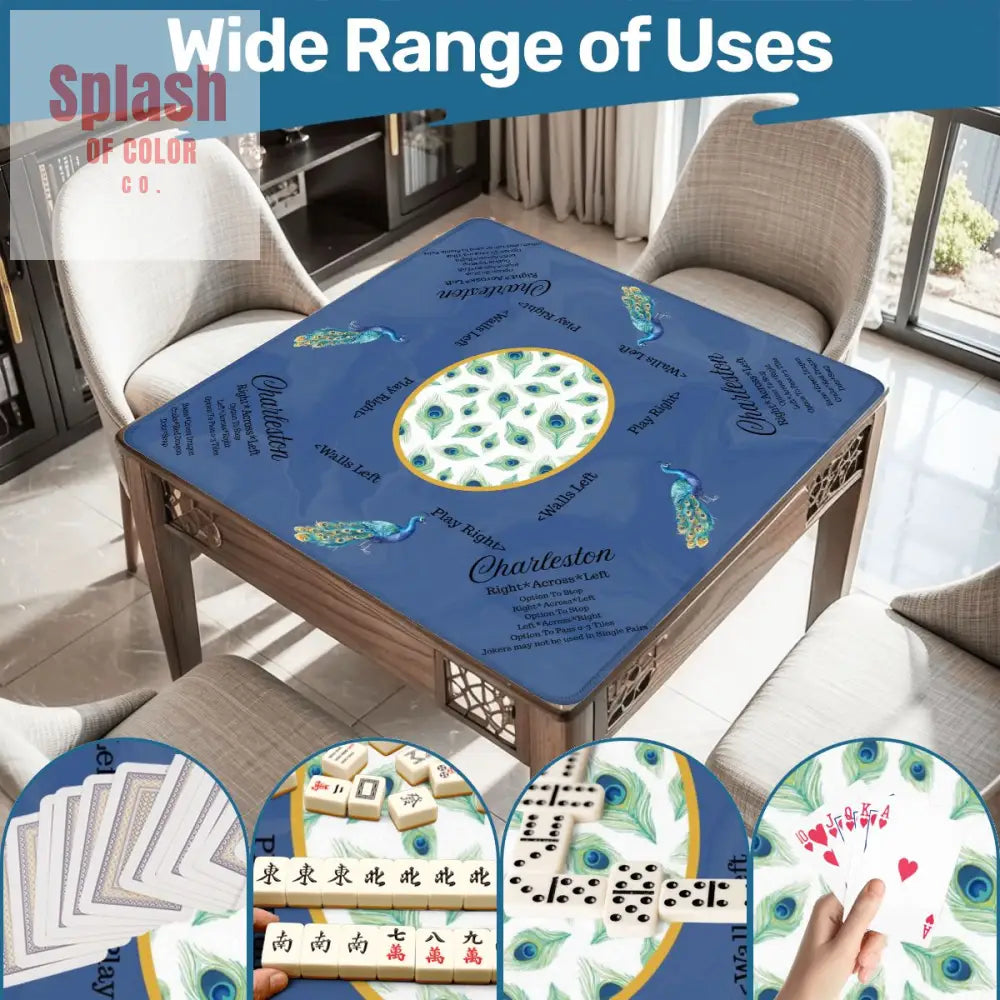 Marble Blue Mahjong Mat Elegant Peacock Floral Instructional Mahj Game Mat Daily Accessories