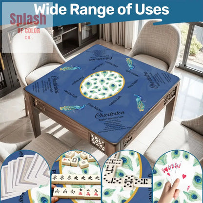 Marble Blue Mahjong Mat Elegant Peacock Floral Instructional Mahj Game Mat Daily Accessories