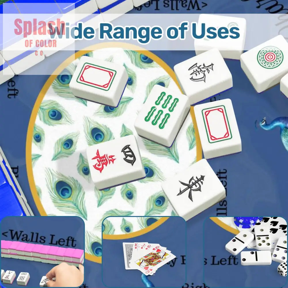 Marble Blue Mahjong Mat Elegant Peacock Floral Instructional Mahj Game Mat Daily Accessories