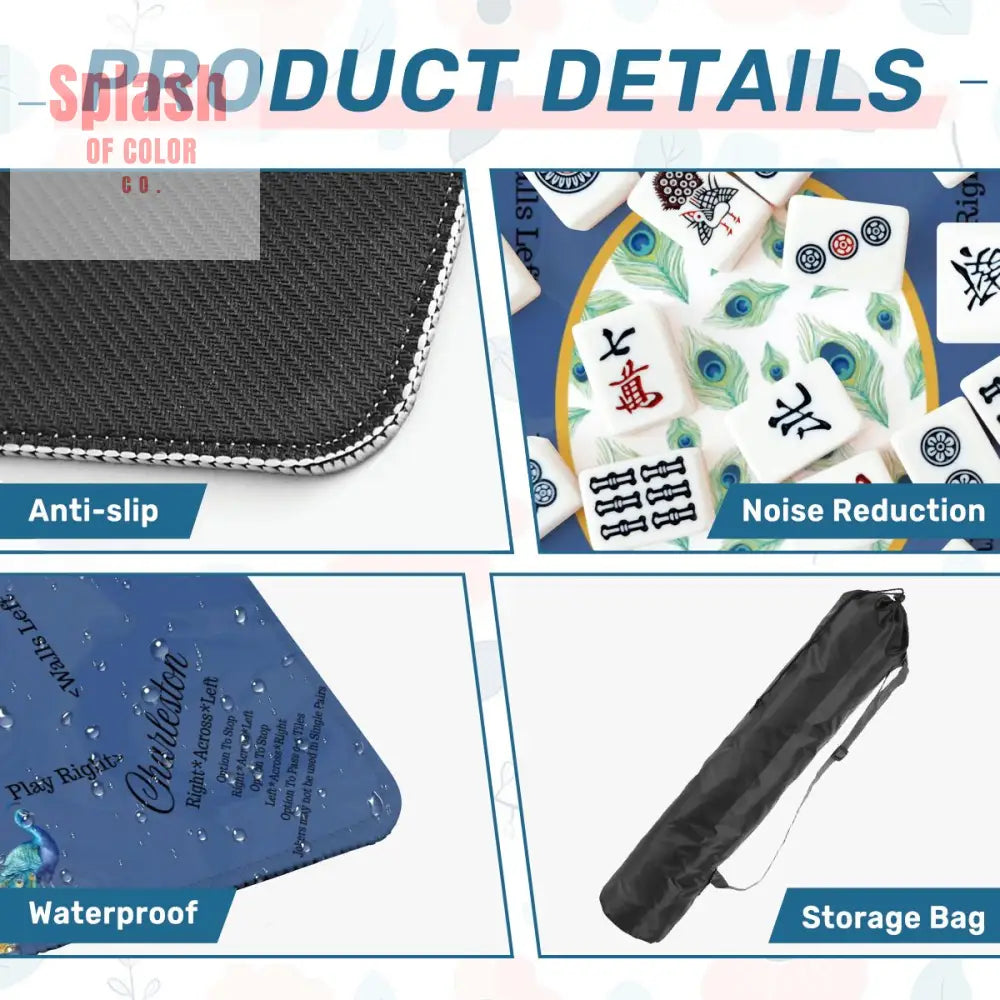 Marble Blue Mahjong Mat Elegant Peacock Floral Instructional Mahj Game Mat Daily Accessories