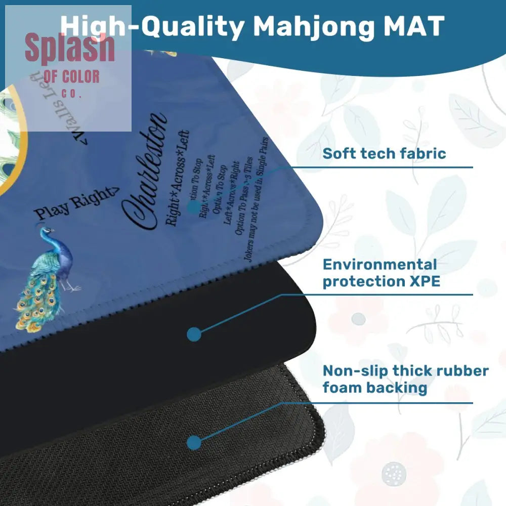 Marble Blue Mahjong Mat Elegant Peacock Floral Instructional Mahj Game Mat Daily Accessories