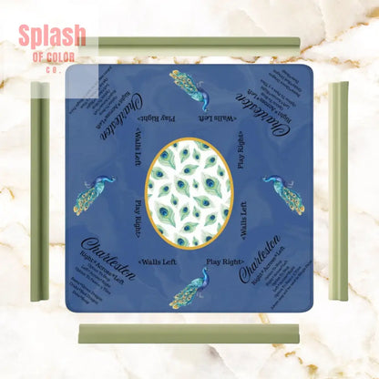 Marble Blue Mahjong Mat Elegant Peacock Floral Instructional Mahj Game Mat Daily Accessories
