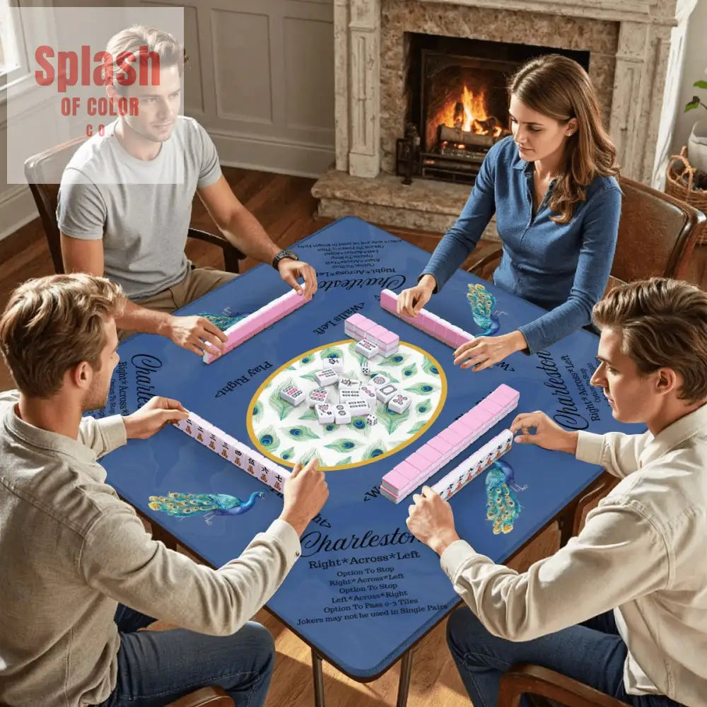 Marble Blue Mahjong Mat Elegant Peacock Floral Instructional Mahj Game Mat Daily Accessories