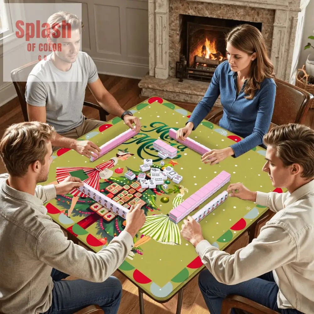 Merry Mahj Christmas Mahjong Mat Whimsical Tile Tree Nostalgic Vintage Ladies Holiday Mat - Splash of Color co.