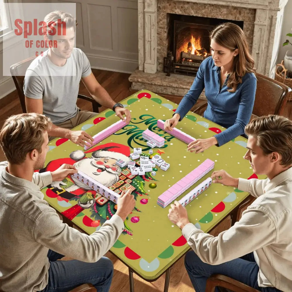 Merry Mahj Christmas Mahjong Mat Whimsical Tile Tree Nostalgic Santa Game Mat 31.5’’x31.5’’ Daily Accessories