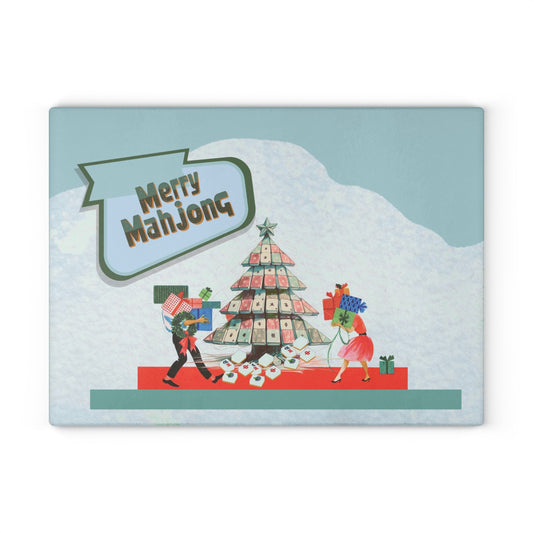 Merry Mahjong Christmas Festive Glass Cutting Chacuterie Board Holiday Mahjong Kitchen Decor Unique Holiday Gift - 11’’