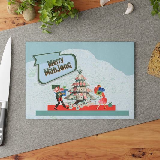 Merry Mahjong Christmas Festive Glass Cutting Chacuterie Board Holiday Mahjong Kitchen Decor Unique Holiday Gift - 8’’