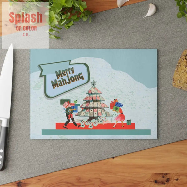 Merry Mahjong Christmas Festive Glass Cutting Chacuterie Board Holiday Mahjong Kitchen Decor Unique Holiday Gift - 8’’