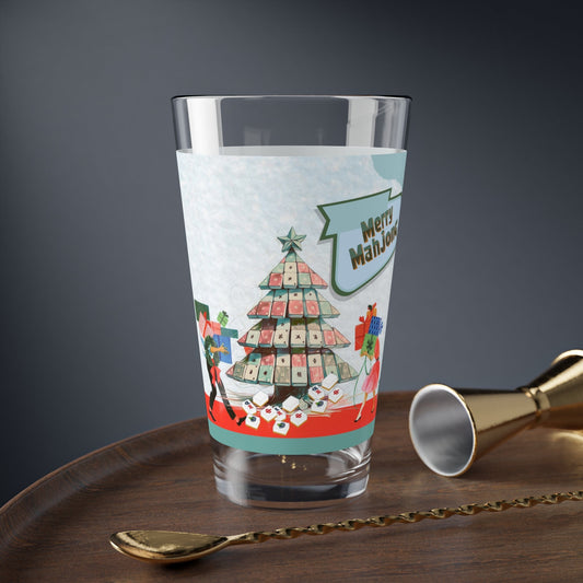 Merry Mahjong Christmas Mixing Glass Cocktail Glass Holiday Drinkware Festive Barware Merry Mahjong Shaker Glass - 16oz