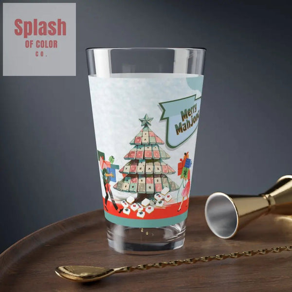 Merry Mahjong Christmas Mixing Glass Cocktail Glass Holiday Drinkware Festive Barware Merry Mahjong Shaker Glass - 16oz