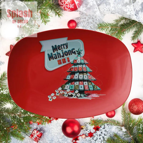 Merry Mahjong Christmas Platter Mahj Holiday Entertaing Tile Christmas Tree Tidings - Kitchenware