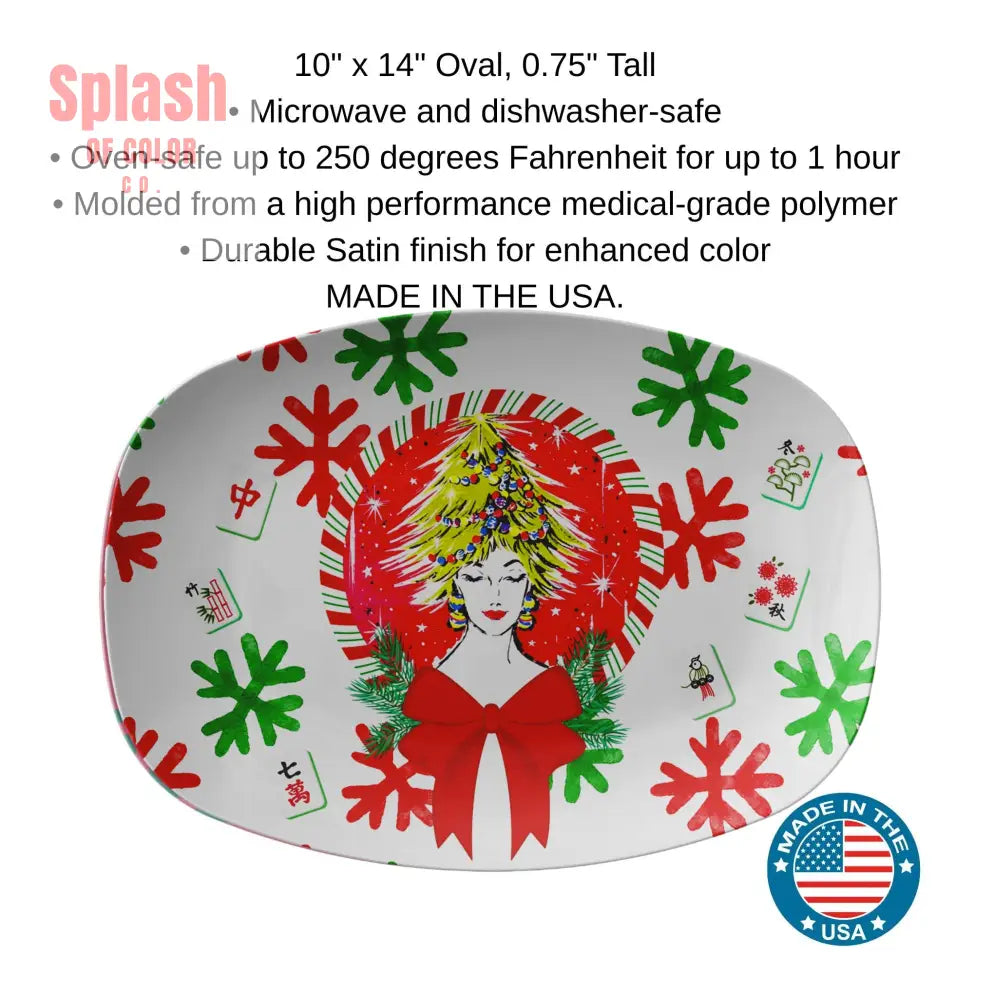 Merry Mahjong Christmas Platter Vintage Nostalgic Christmas Gal Whimsical Mahj Gift Kitchenware