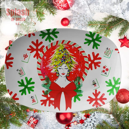 Merry Mahjong Christmas Platter Vintage Nostalgic Christmas Gal Whimsical Mahj Gift Kitchenware
