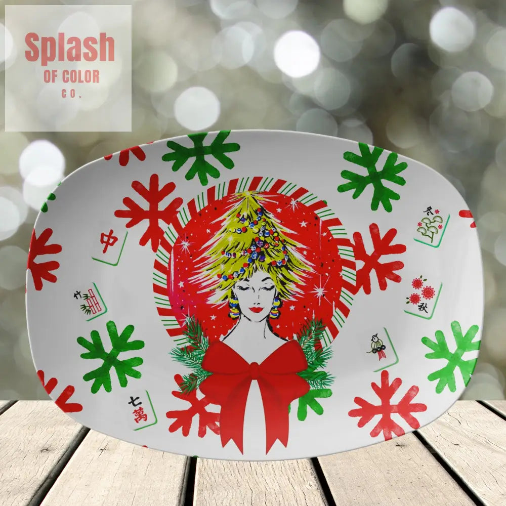 Merry Mahjong Christmas Platter Vintage Nostalgic Christmas Gal Whimsical Mahj Gift Kitchenware