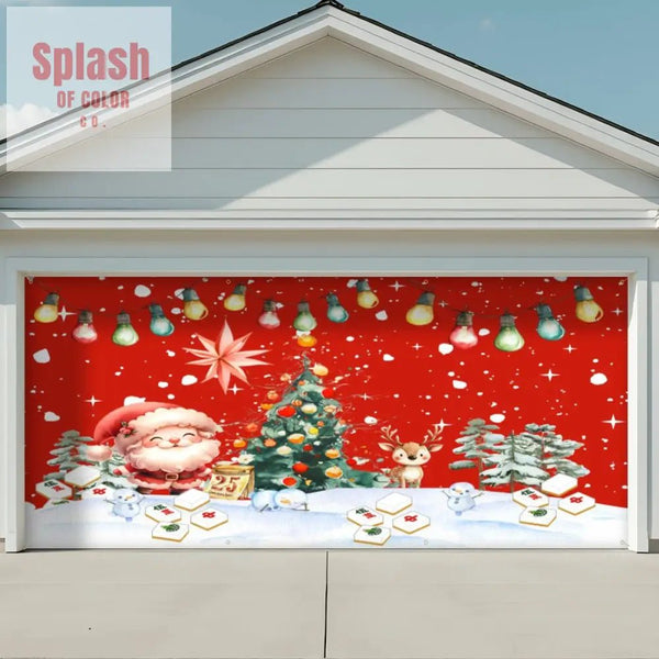Decorative Christmas garage door with Santa Claus, reindeer, and tree.