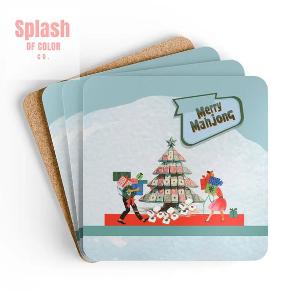 Merry Mahjong Coaster Set Festive Drink Coasters Holiday Table Decor Unique Gift Idea Corkwood Home Accessories - Cork