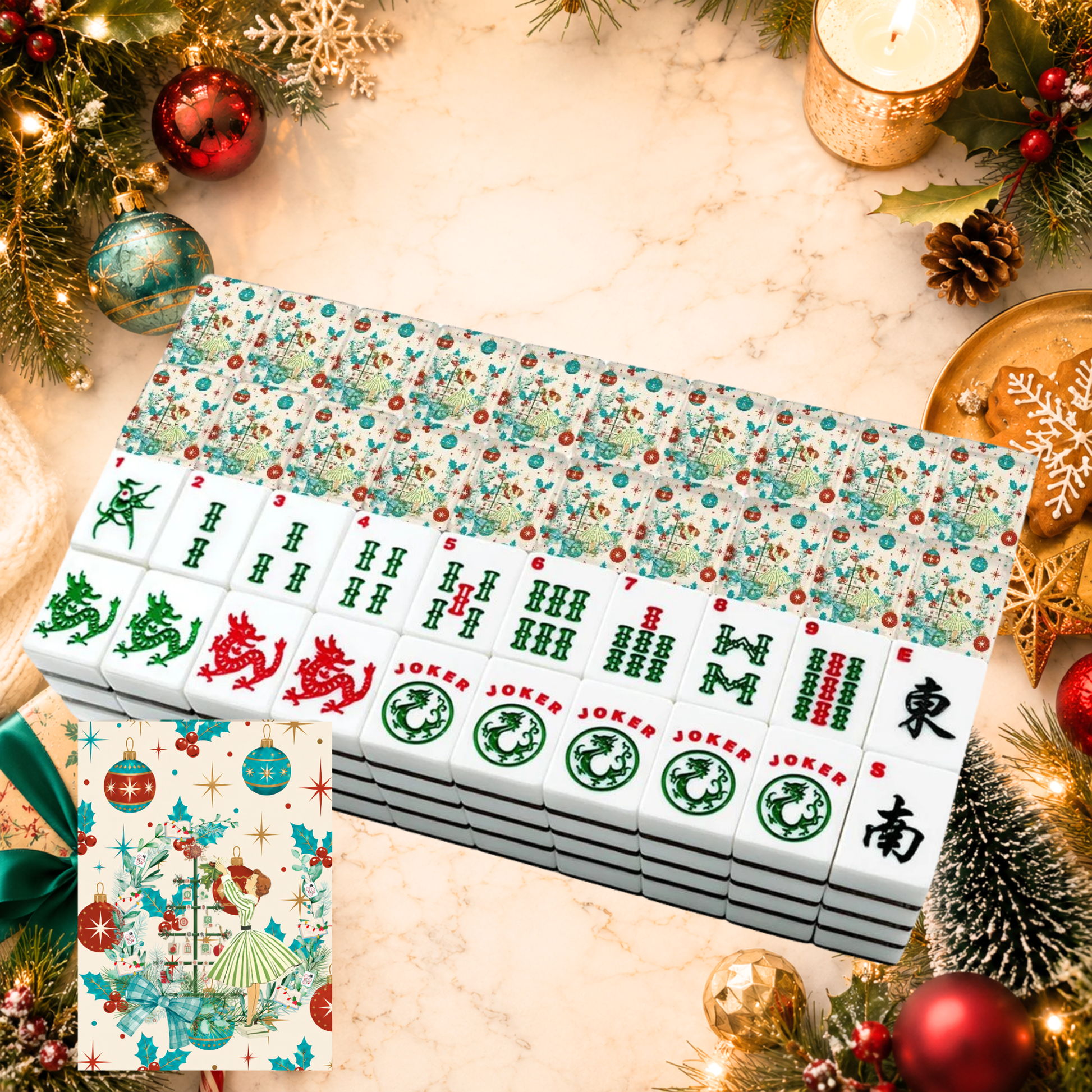 Whimsical Nostalgic Book Lover, Mahjong Christmas American Mahjong Tiles And Carry Case - Splash Of Mahj And Color Co.