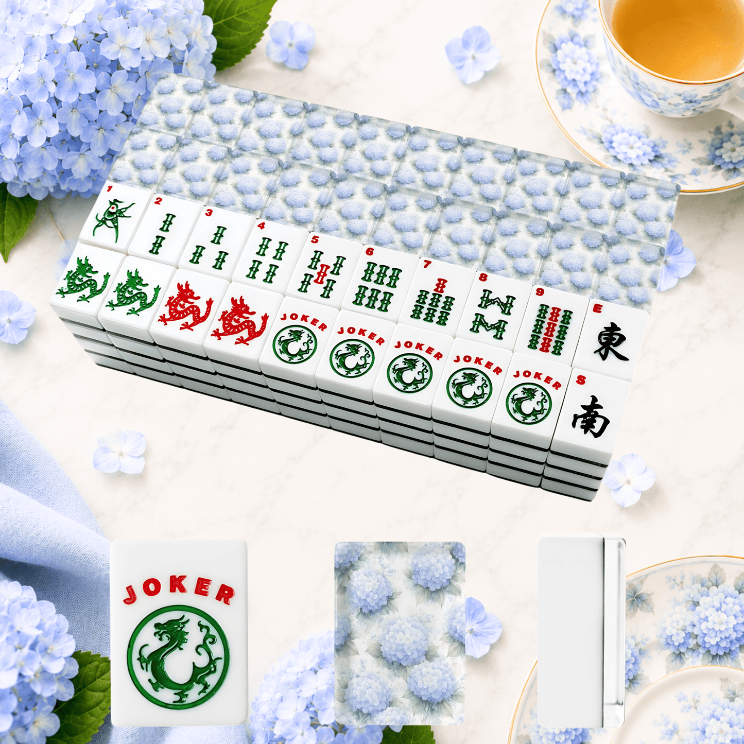 Hydrangeas In Bloom Baby Blue American Mahjong Tiles And Carry Case - Splash Of Mahj And Color Co.