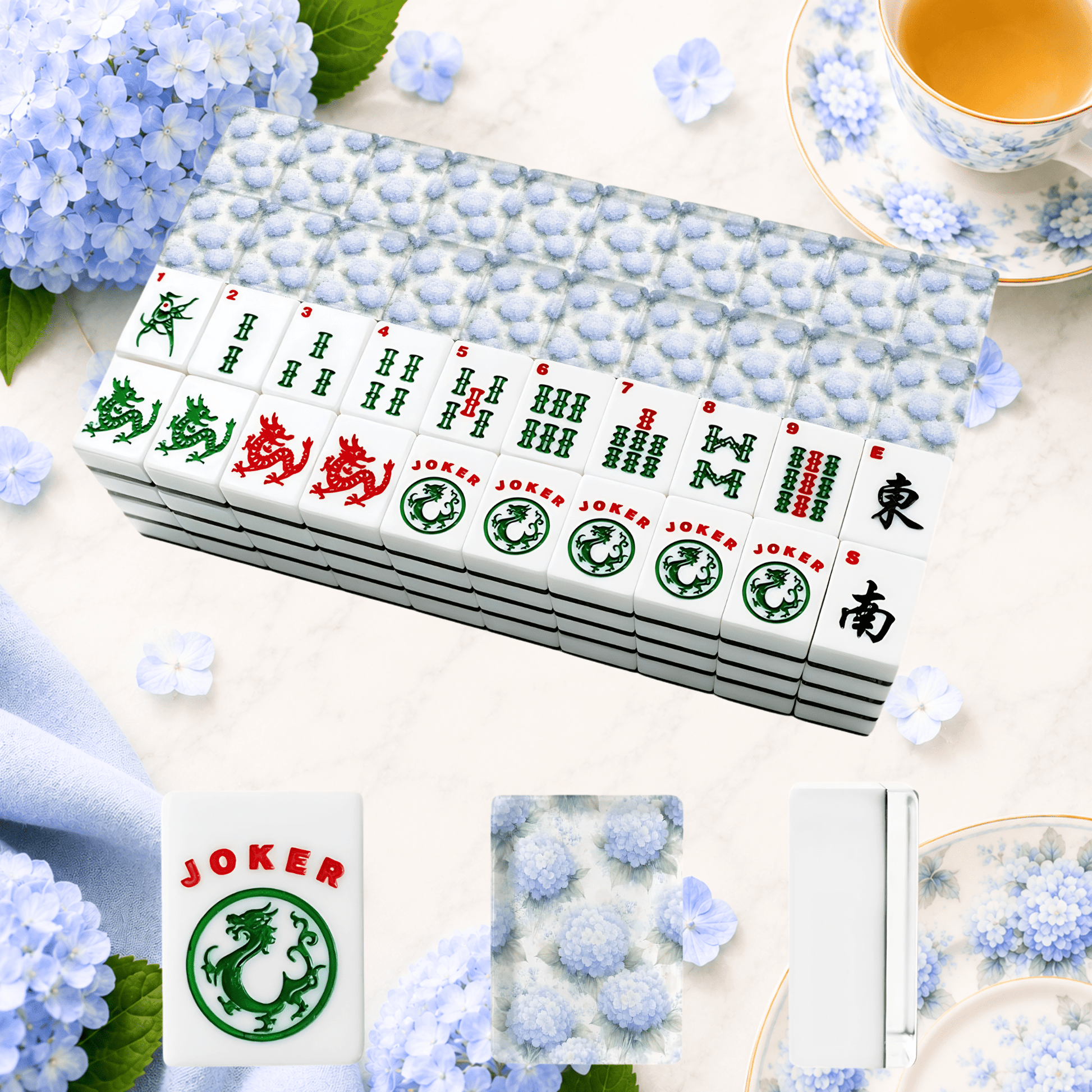 Hydrangeas In Bloom Baby Blue American Mahjong Tiles And Carry Case - Splash Of Mahj And Color Co.