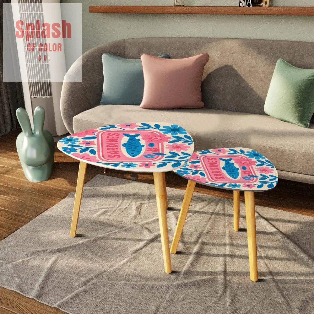 Modern Sardine Floral Pink And Blue Preppy Modern Nesting Triangle Coffee Table Set of 2 - One Size - Home Accessories