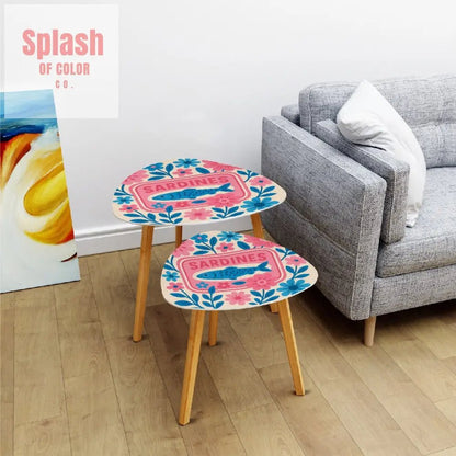 Modern Sardine Floral Pink And Blue Preppy Modern Nesting Triangle Coffee Table Set of 2 - One Size - Home Accessories
