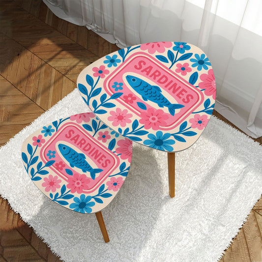 Modern Sardine Floral Pink And Blue Preppy Modern Nesting Triangle Coffee Table Set of 2 - One Size - Home Accessories